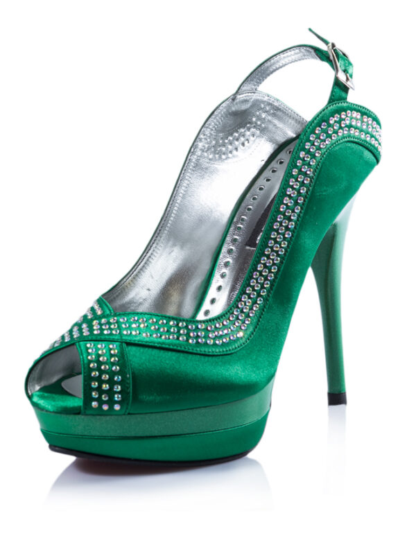 Yeşil Açık Burunlu Topuklu Taşlı Ayakkabı