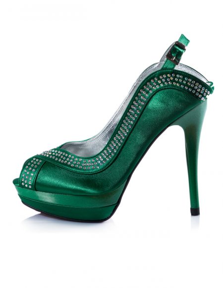 Yeşil Açık Burunlu Topuklu Taşlı Ayakkabı 2