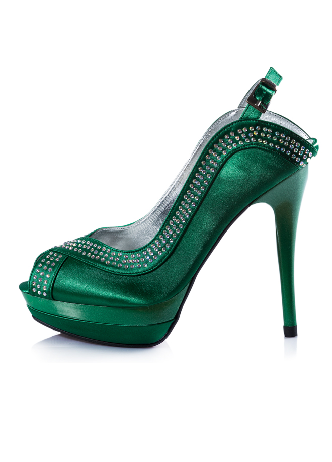 Yeşil Açık Burunlu Topuklu Taşlı Ayakkabı 2